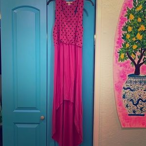 Pink high low maxi dress with polka dots bodice